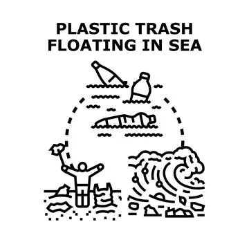 Plastic trash floating polluting oceanic environmental problem Illustrazione stock