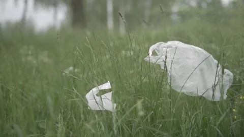 Plastic trash in the grass. A plastic bag and a disposable cup are thrown aw Stock Footage 242091167