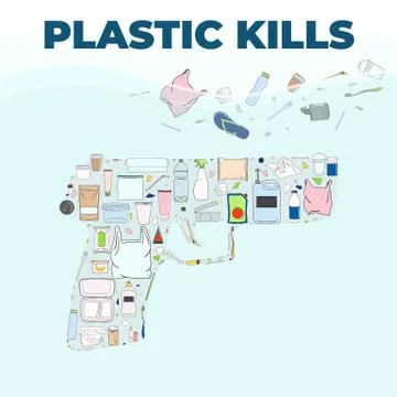 Plastic trash in a gun shaped. Plastic kills poster. Stock Illustration