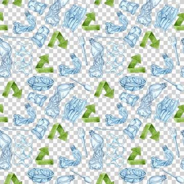 Plastic trash pattern and recycling sign in watercolor Stock Illustration