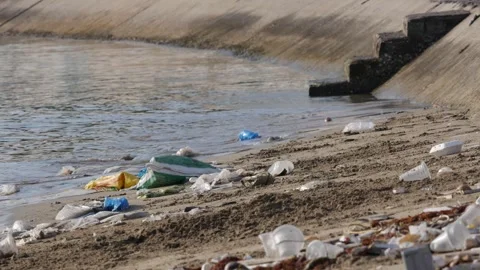Plastic trash scattered along a sandy beach by the water near a concrete seawall Stock Footage 341475343