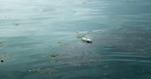 Plastic trash on sea surface, problem of water pollution. Stock Footage 154003441