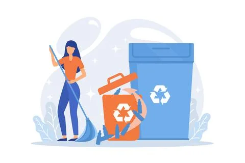 Plastic trash sorting. Recycling and reusing idea. Man gathering plastic bo.. Stock Illustration