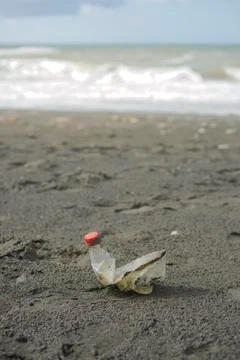 Plastic trash stranded on a Mediterranean beach Stock Photos