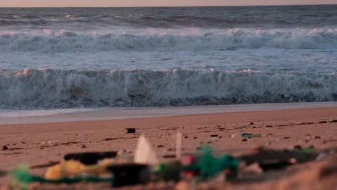 Plastic Trash on the Teach. Pollution of the environment with plastic. Stock Footage 304977062