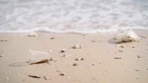 Plastic trash with wave breaking on beach, waste pollution concept Stock Footage 109023526