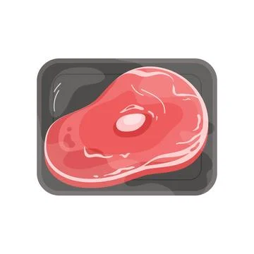 Plastic tray with beef steak, top view of black container wrapped in transparent Stock Illustration