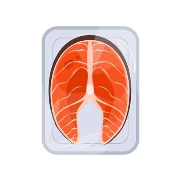 Plastic tray with one salmon steak, top view of white plate with film wrap and Stock Illustration