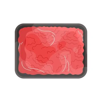 Plastic tray with raw red minced meat, top view of black container wrapped in Stock Illustration