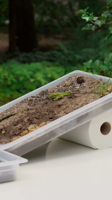 Plastic tray with soil used for erosion science experiment Stock Footage 331770126
