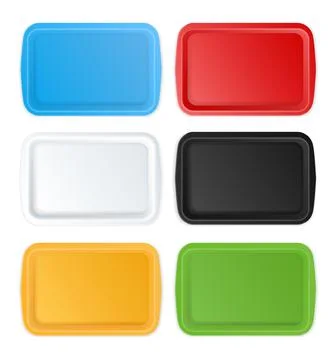 Plastic trays. Realistic empty serving plates rectangular shape, different Stock Illustration