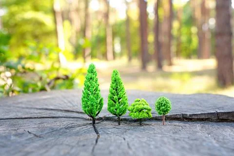 Plastic trees on a tree stump in the woods Stock-Fotos
