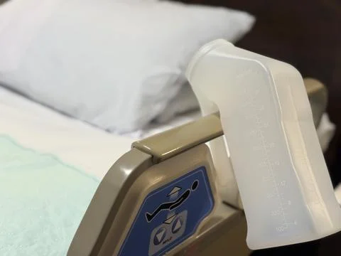 Plastic Urinal Hanging on Bed Rail in Hospital Room Foto stock
