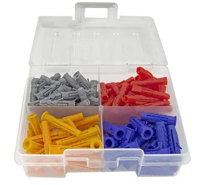 Plastic wall anchor in a transparent plastic box Stock Photos