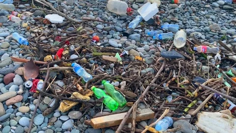 Plastic waste accumulating in close view on a pebble beach after storm Stock Footage 345361707
