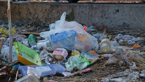 Plastic waste amidst twigs on ground Video stock 128642889