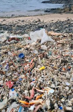 Plastic waste and microplastics cover the beach, causing severe ecological .. 스톡 사진