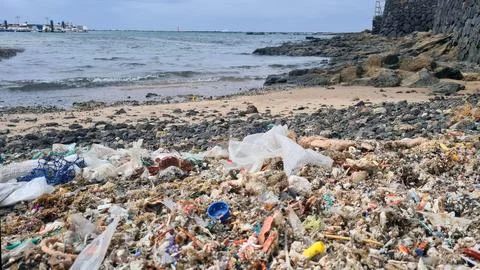 Plastic waste and microplastics cover the beach, causing severe ecological .. 스톡 사진
