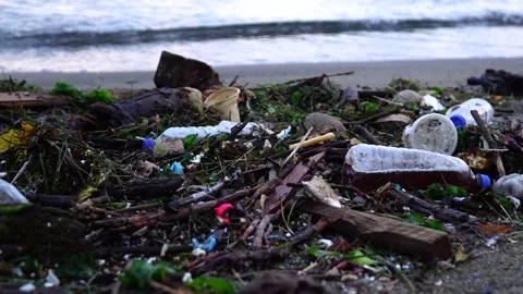 Plastic waste on beach. non-biodegradable waste on beach. Stock Footage 225513708
