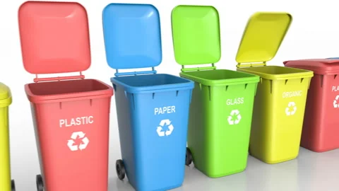 Plastic waste bins with flaps open and close and waste type labels white floor Video stock 115474792