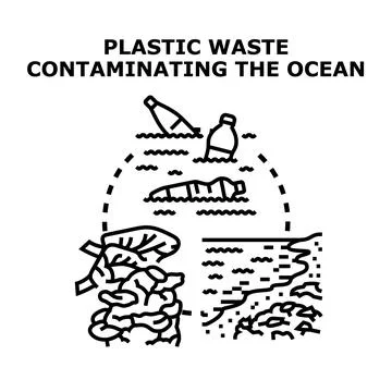 Plastic waste contaminating ocean and polluting beaches Stock Illustration