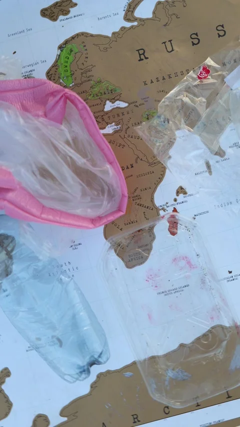 Plastic waste covers a world map Stockbeeldmateriaal 337941562
