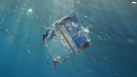 Plastic Waste Drifting in Ocean with Sunlight and Fish Stock Footage 333045109