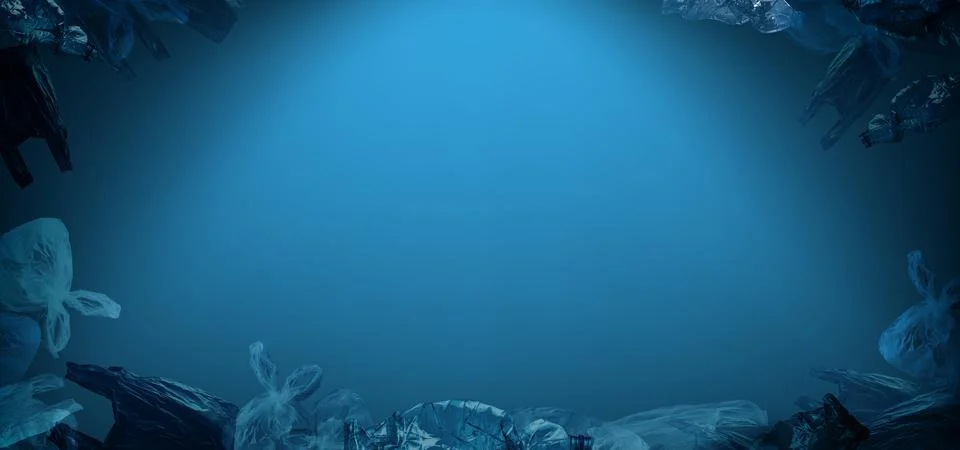 Plastic waste floating in deep blue sea or ocean with rays of sunlight effect Illustrazione stock