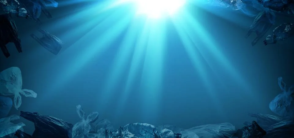 Plastic waste floating in deep blue sea or ocean with rays of sunlight effect Illustrazione stock