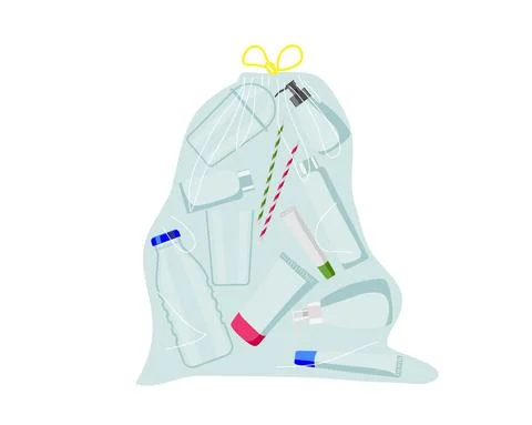 Plastic waste. Large garbage bag with various plastic products, bottle, cup, bag Stock-Illustration