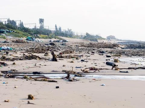 Plastic waste pollutes a beach Stock Photos