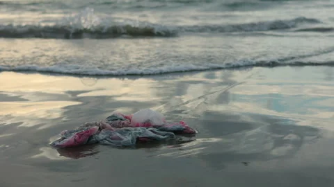 Plastic waste polluting the beach with ocean waves Stock Footage 315077820