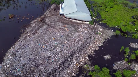 Plastic waste polluting environment dump with cows. Best aerial view drone Stock-Footage 344604384