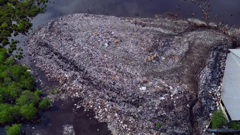 Plastic waste polluting environment dump with cows. Magic aerial view drone Stock-Footage 344604601