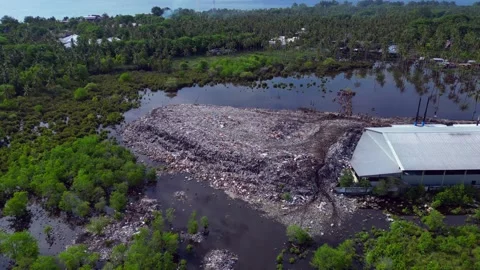Plastic waste polluting environment dump with cows. Smooth aerial view drone Stock-Footage 344615516
