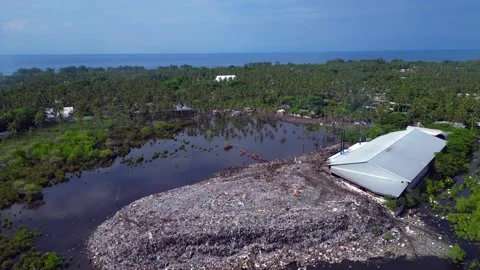 Plastic waste polluting environment dump with cows. Unique aerial view drone Stock-Footage 344621224