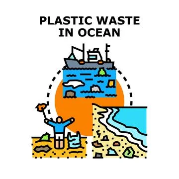 Plastic waste polluting ocean, beach, and marine life Stock Illustration