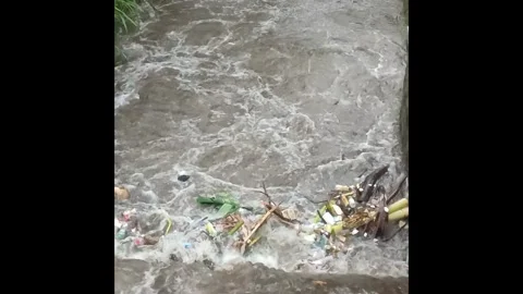 Plastic waste polluting river. Waste in river during flood Stock Footage 290485489
