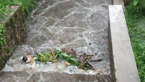 Plastic waste polluting river. Waste in river during flood Stock Footage 290485490