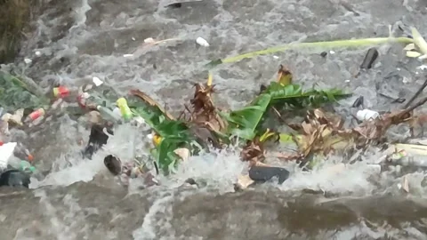 Plastic waste polluting river. Waste in river during flood Stock Footage 290485510