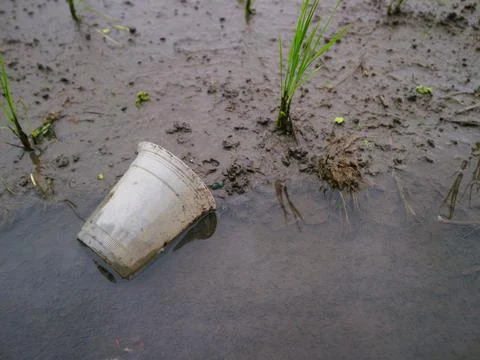 Plastic waste polluting the soil and water Stock Photos