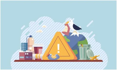 Plastic waste pollution, garbage in city street. Environment contamination by Illustrazione stock