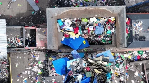 Plastic waste processing at recycling facility for sustainable management Stock Footage 337983976