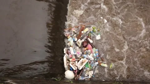 Plastic waste from used beverage bottles in the river. Stock Footage 295009042