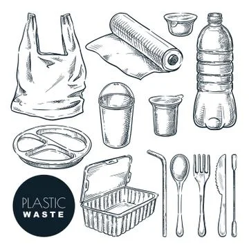 Plastic waste, vector sketch illustration. Hand drawn garbage and trash items Stock Illustration