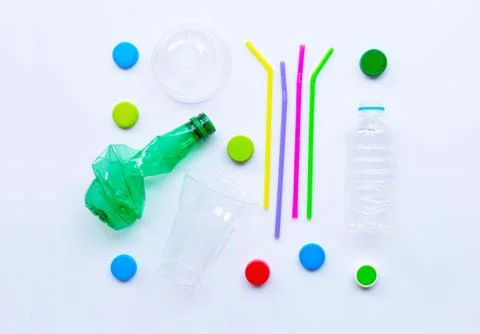 Plastic waste on white background. Stock Photos