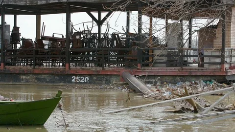 Plastic Waste On A Wrecked Restaurant Stock Footage 88415601