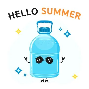 Plastic Water Bottle character. Hello summer card. Vector hand drawn cartoo.. Stock Illustration
