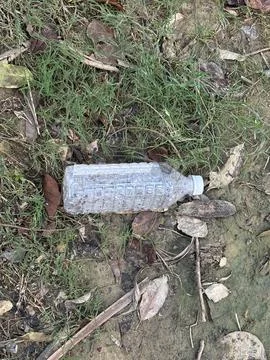 A plastic water bottle lying in the grass. Stock Photos
