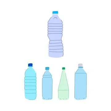 Plastic water bottles different shapes standing together Stock Illustration